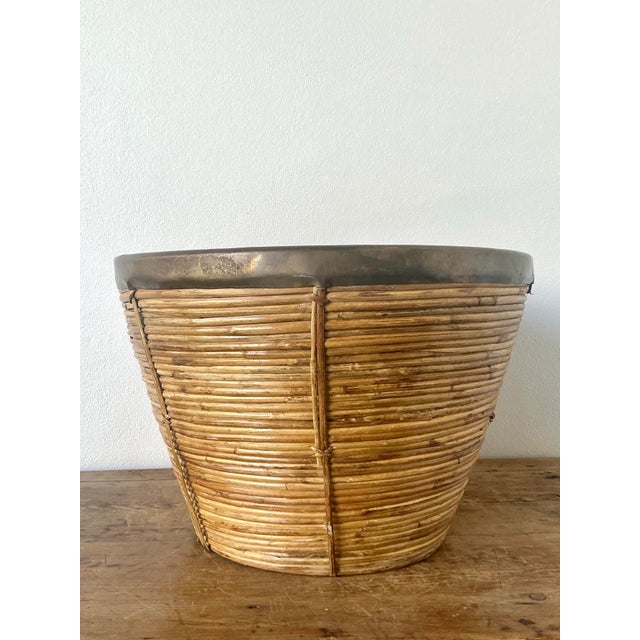 Vintage Boho Monumental Brass Rimmed Pencil Reed Bowl For Sale - Image 9 of 12