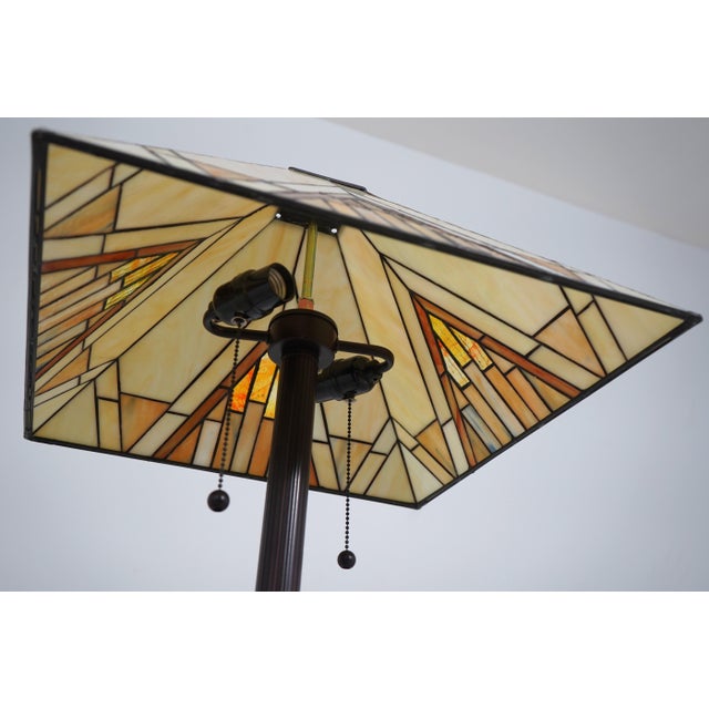 1980s Mission Arts & Crafts Style Floor Lamp W. Art Glass Shade For Sale - Image 9 of 12