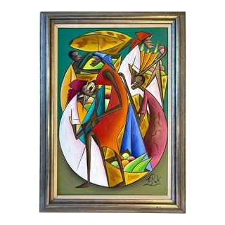Mid 20th Century Abstract Haitian Market Scene Acrylic Painting Signed Fritz Rock, Framed For Sale