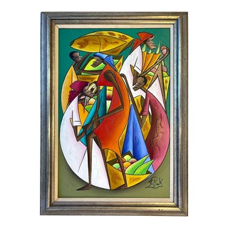 Mid 20th Century Abstract Haitian Market Scene Acrylic Painting Signed Fritz Rock, Framed For Sale