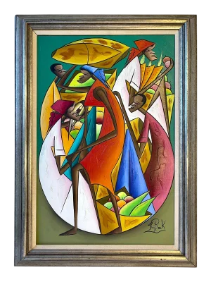Mid 20th Century Abstract Haitian Market Scene Acrylic Painting Signed Fritz Rock, Framed