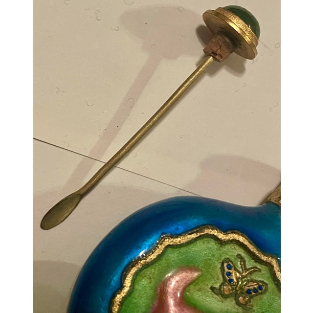Paint Late 20th Century Colorful Enamel Snuff Bottle Perfume W/Cat & Butterfly Pink Green Blue For Sale - Image 7 of 11
