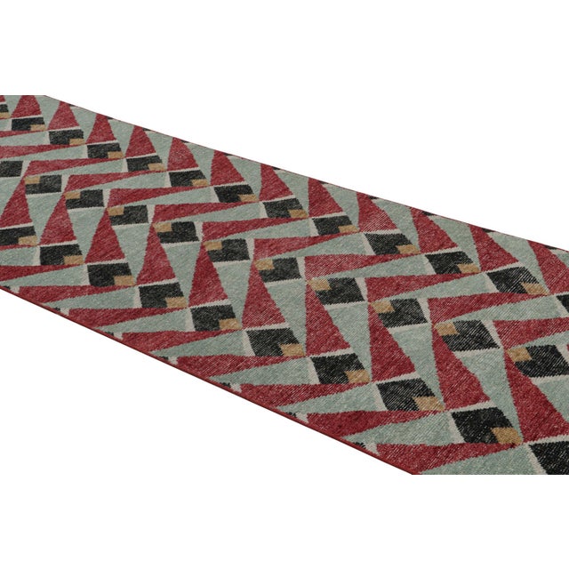 Rug & Kilim Rug & Kilim’s Distressed Runner in Red and Blue Geometric Patterns For Sale - Image 4 of 8