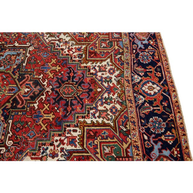 Antique Persian Heriz Red Handmade Medallion Motif Wool Rug For Sale - Image 9 of 11