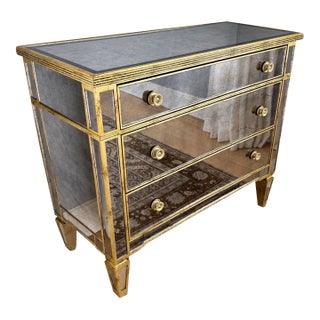 Antiqued Mirrored 3 Drawer Chest With Gold Trim For Sale