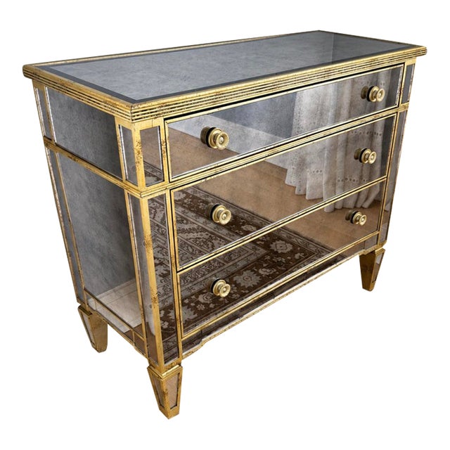 Antiqued Mirrored 3 Drawer Chest With Gold Trim For Sale