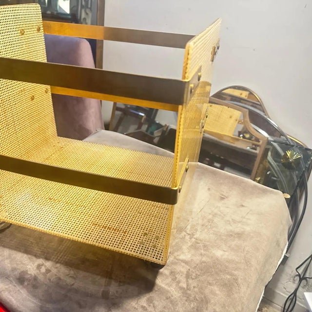Brass 1980s Dior Home Style Mid-Century Modern Brass and Wicker Magazine Stand For Sale - Image 8 of 18