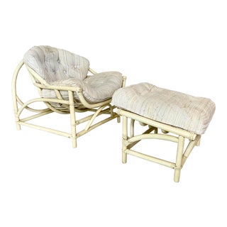 Vintage Circular Frame Rattan Chair and Ottoman For Sale