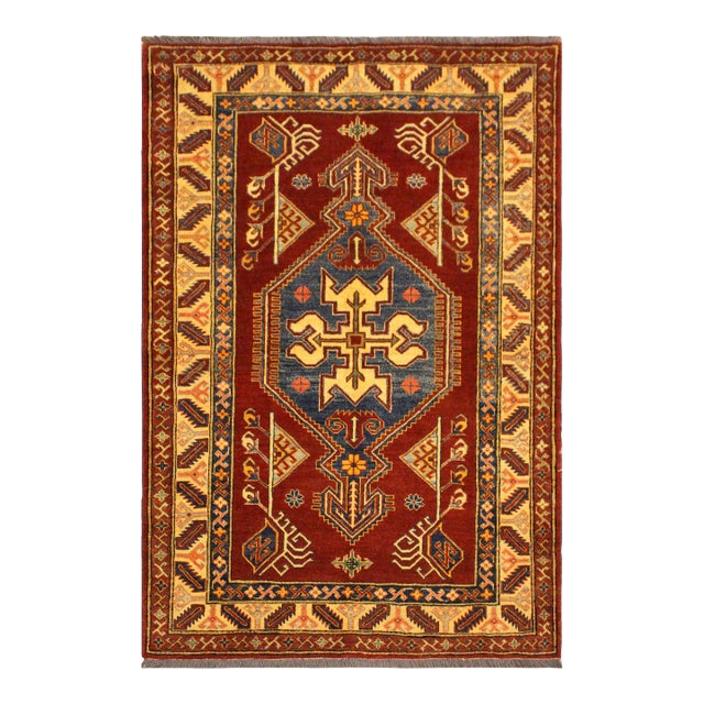 Tribal Super Kazak Rust/Tan Wool Rug - 4'0'' X 5'5'' For Sale