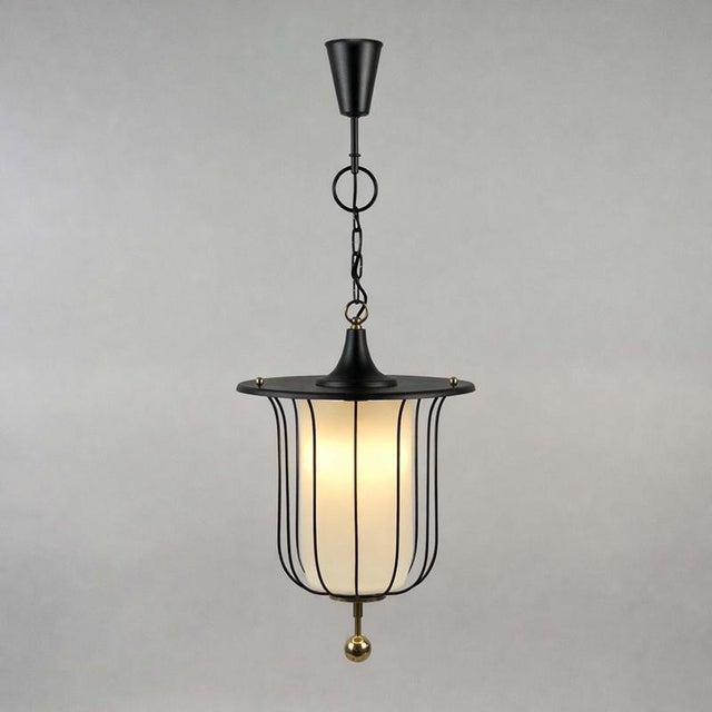 Mid-Century Black Caged Lantern Pendant in Brass and Milk Glass, France, 1950s For Sale - Image 6 of 17