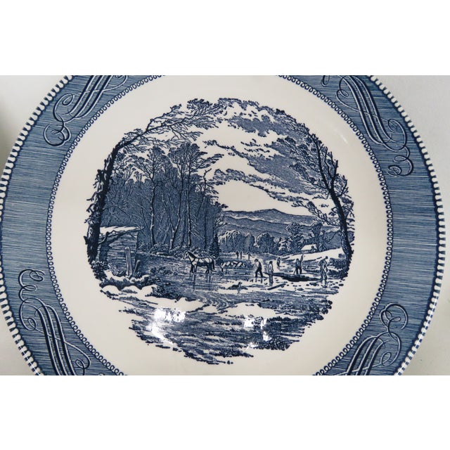Mid 20th Century Mid-Century Modern Currier and Ives Large Blue Chop Plates Getting Ice Pattern - a Pair For Sale In Miami - Image 6 of 10