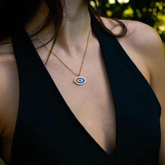 Celestial Evil Eye Blue Enamel Gold Necklace For Sale - Image 4 of 10