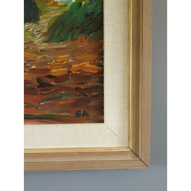 Mid-Century Modern 'Crimson Barns at Dusk' Vintage Original Landscape Oil Painting, Framed For Sale - Image 6 of 11