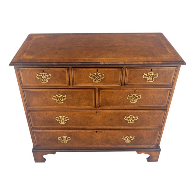 Fine 7 Drawers Burl Wood Banded Top Bracket Feet English Chest of Drawers MINT For Sale
