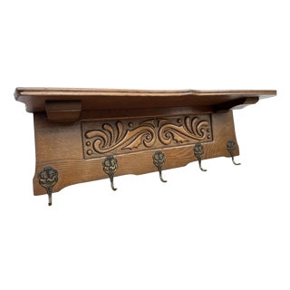 Vintage French Wall Coat Rack in Oak For Sale