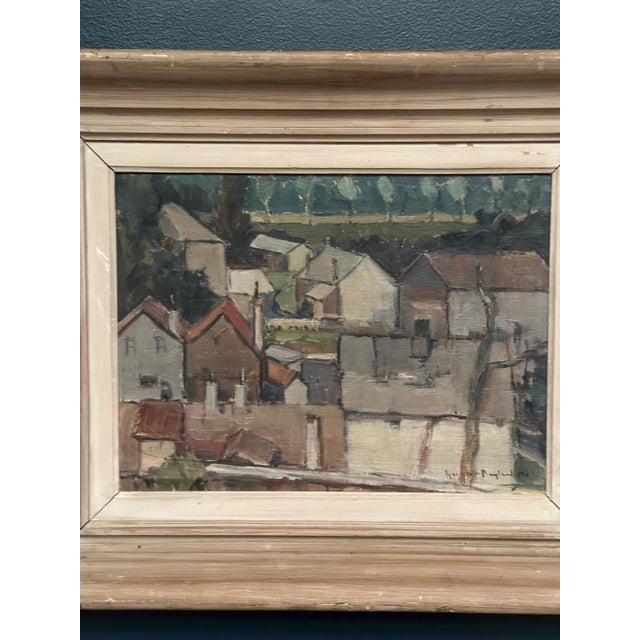 Mid-Century Modern Landscape with Geometric Houses, 1950s, Oil on Panel, Framed For Sale - Image 3 of 18
