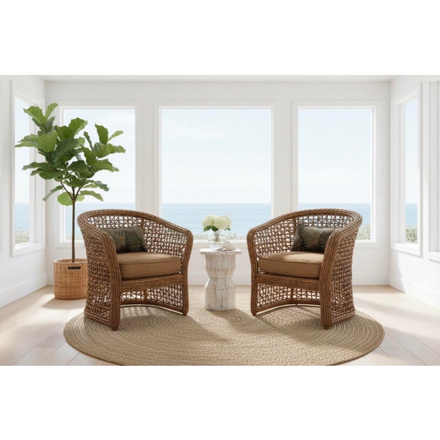 Pair of Palecek Style Woven Rattan Barrel Chairs Coastal Organic Modern For Sale In Portland, ME - Image 6 of 6