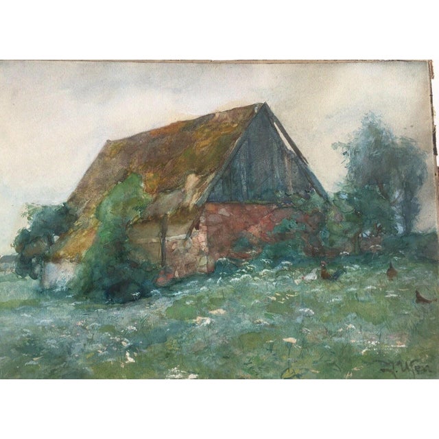 Brown Ufer Johannes Paul, Elbier Dresden Village Building with Chickens, 1890s, Gouache For Sale - Image 8 of 13