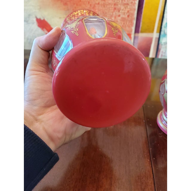 Antique Bohemian Glass Moser Overlay Pink Vases - a Pair For Sale - Image 4 of 6