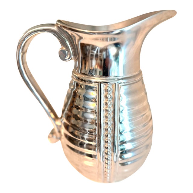 Vintage Wilton Armetale “Flutes & Pearls” Pitcher | Ribbed Pewter-Tone Metal Water Jug | Barware For Sale