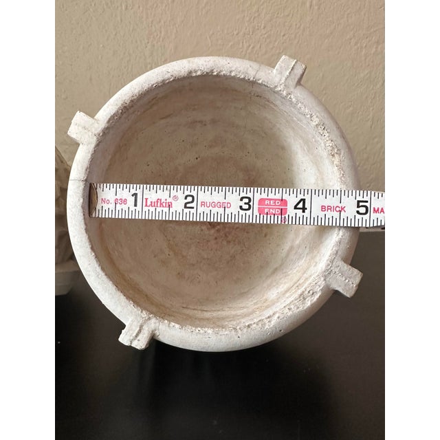 Vintage Concrete Pedestal Urn Planters – Greek Key Grapevine Garden Jardinières - A Pair For Sale - Image 11 of 12