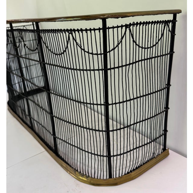 English Vintage Hand-Forged Wrought Iron & Brass Fireplace Fender, Mid-Century English Style, 34” Wide For Sale - Image 3 of 8
