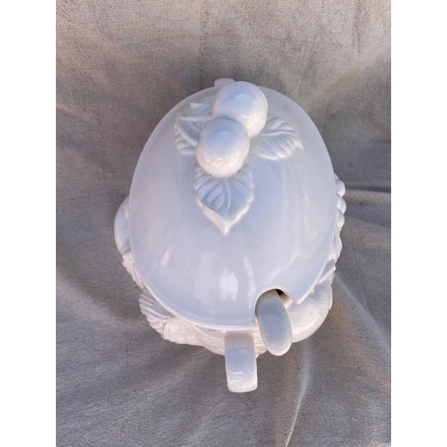 Vintage white Italian Soup Tureen w/Ladle Fruit pattern throughout and handles on the sides. Great for the holidays....