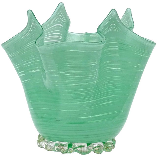 Celadon Vintage Murano Jade Green Threads and Gold Flecks Italian Art Glass Decorative Fazzoletto Vase For Sale - Image 8 of 8