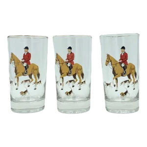 Vintage Set of 3 Equestrian Horse & Hound Hunt Highball Cocktail Drinking Glasses
