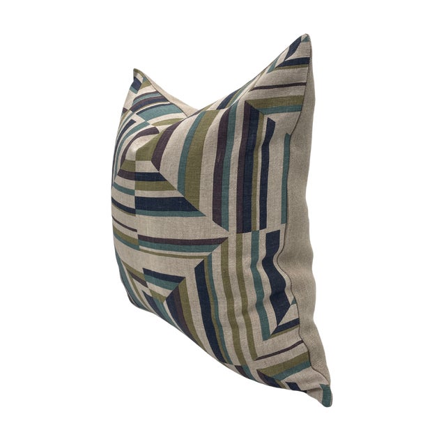 Pair of handcrafted pillows fashioned with Anna French Cubism in Plum fabric on the front and backed in a flax colored...