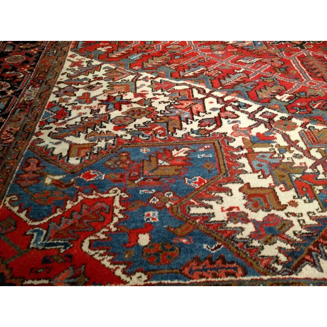 Vintage Oversized Persian Heriz Rug, Hand-Knotted Wool, Geometric Medallion Pattern, Red & Ivory, 11x19 For Sale - Image 9 of 12