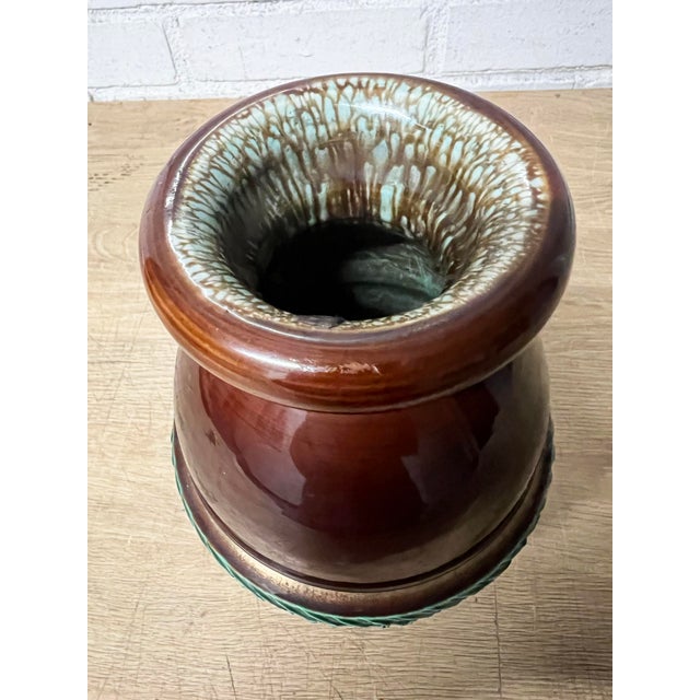 Vintage art pottery green brown ceramic vase. Rich brown glaze with delicate green/gold carved band .No chips cracks....