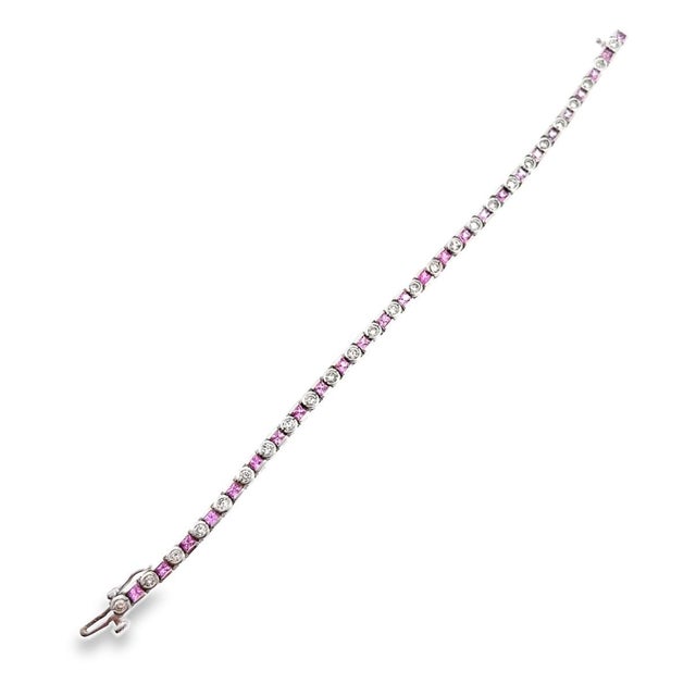 Contemporary Vintage 14k White Gold Pink Sapphire and Diamond Tennis Bracelet For Sale - Image 3 of 7