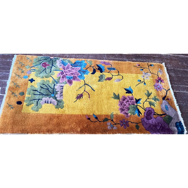 Antique Art Deco Chinese Rug, 2' X 4' C-1920, Imperial Garden For Sale - Image 10 of 11