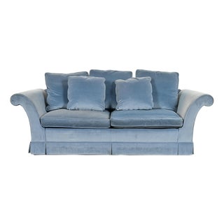 Baker Furniture Blue Velvet Upholstered Roll Arm Sofa For Sale