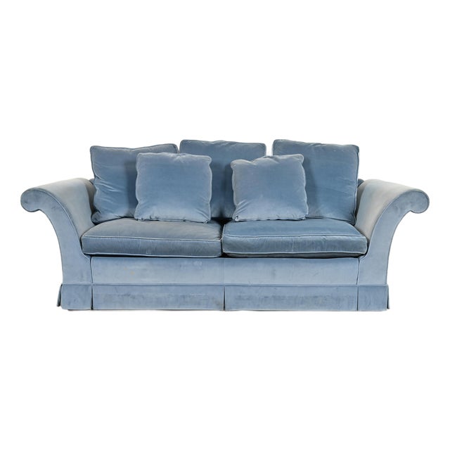 Baker Furniture Blue Velvet Upholstered Roll Arm Sofa For Sale