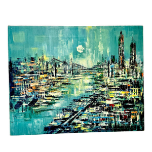 Mid-Century Impressionist Boho Chic City and Seascape Original Oil Painting