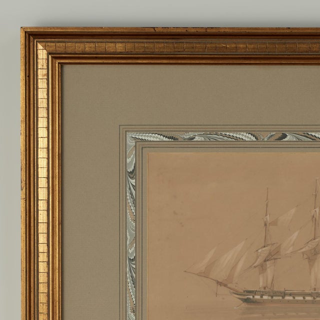 Historically interesting 19th century watercolor on paper of the English ship HMS Pique, a 36 gun frigate that saw action...
