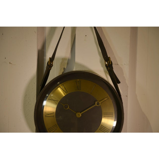 Black Leather and Brass Clock by Jacques Adnet, 1950s For Sale - Image 3 of 11