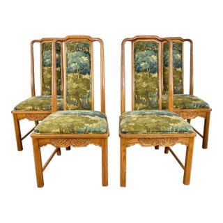Vintage Chinoiserie Tapestry Style Upholstered Dining Chairs, S/4 For Sale
