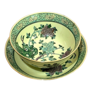 Chartreuse / Purple Floral Chinese Ceramic Bowl and Plate Set of 2