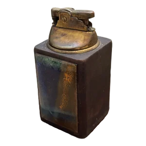 Vintage Mid-Century Modern Enameled Copper & Walnut Wood Table Lighter