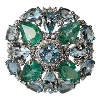 Set in 18k White Gold, Aquamarines, Colombian Emeralds & Diamonds Cocktail Ring, Us Size 6 For Sale