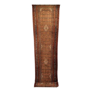 Antique Persian Serab Camel Hair Runner Rug, Hand-Knotted Wool, Geometric Pattern, Red & Green, 3x13 For Sale