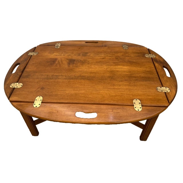 English Vintage Ethan Allen Butler's Tray Oval Cocktail Table Colonial Revival Maple For Sale - Image 3 of 14