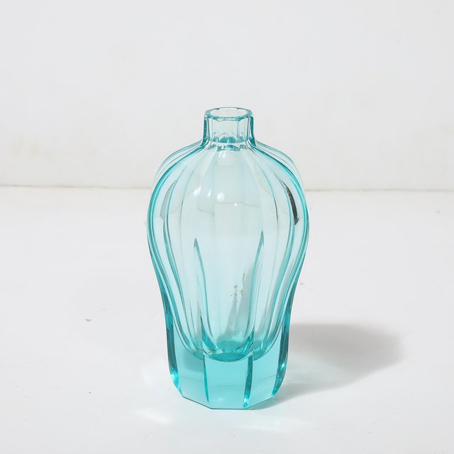 Art Deco Faceted Cut Crystal Vase in Aquamarine Hue Signed Moser For Sale In New York - Image 6 of 17