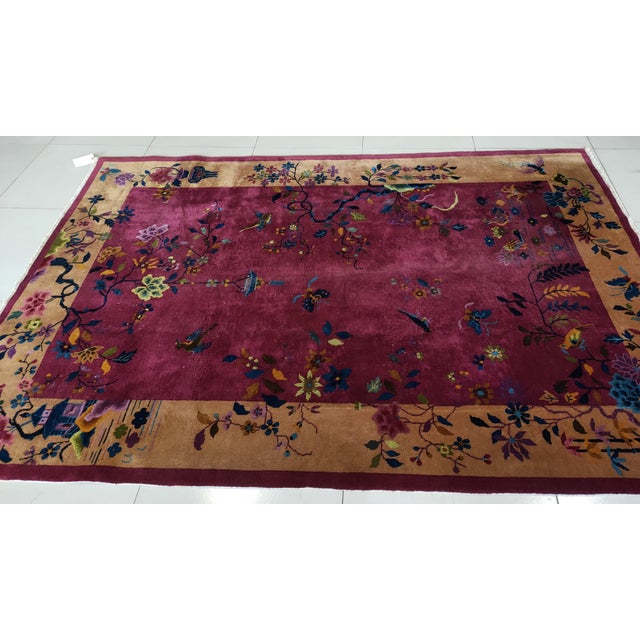 1920s Dark Pink Floral Open Field Antique Chinese Art Deco Rug 6' X 8'8" Handknotted Wool Carpet For Sale - Image 10 of 10
