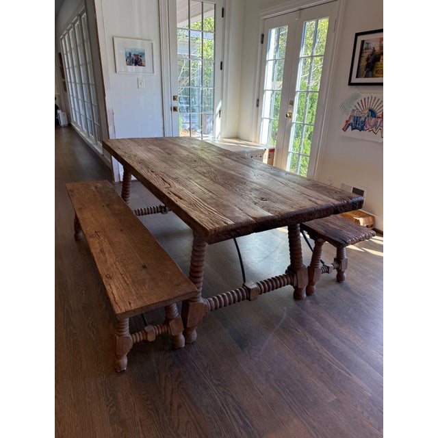 Early 20th Century Rough Hewn Dining Table With Bench Seating For Sale - Image 5 of 8