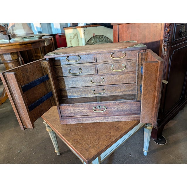 Vintage Chinoiserie Phoenix Jewelry Box | Ornate Brass Hardware, Double Doors & Multi-Drawer Interior For Sale - Image 10 of 17