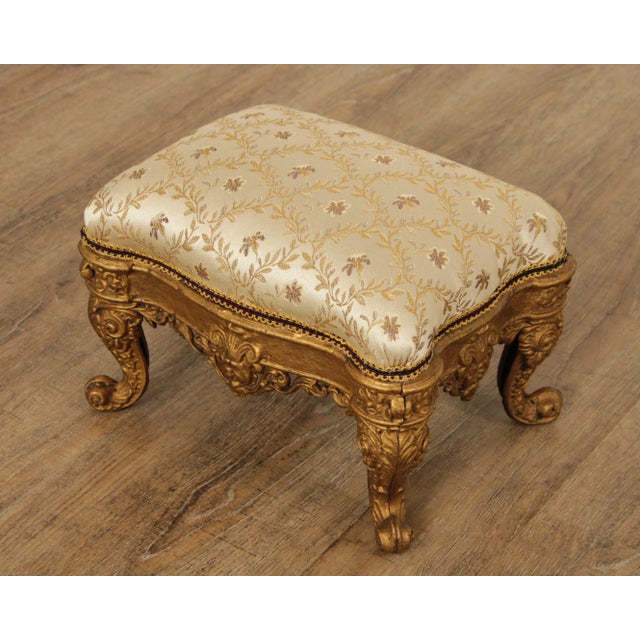 High Quality Carved and Gold Painted Cast Iron Base Ottoman with Custom Upholstered Cushion